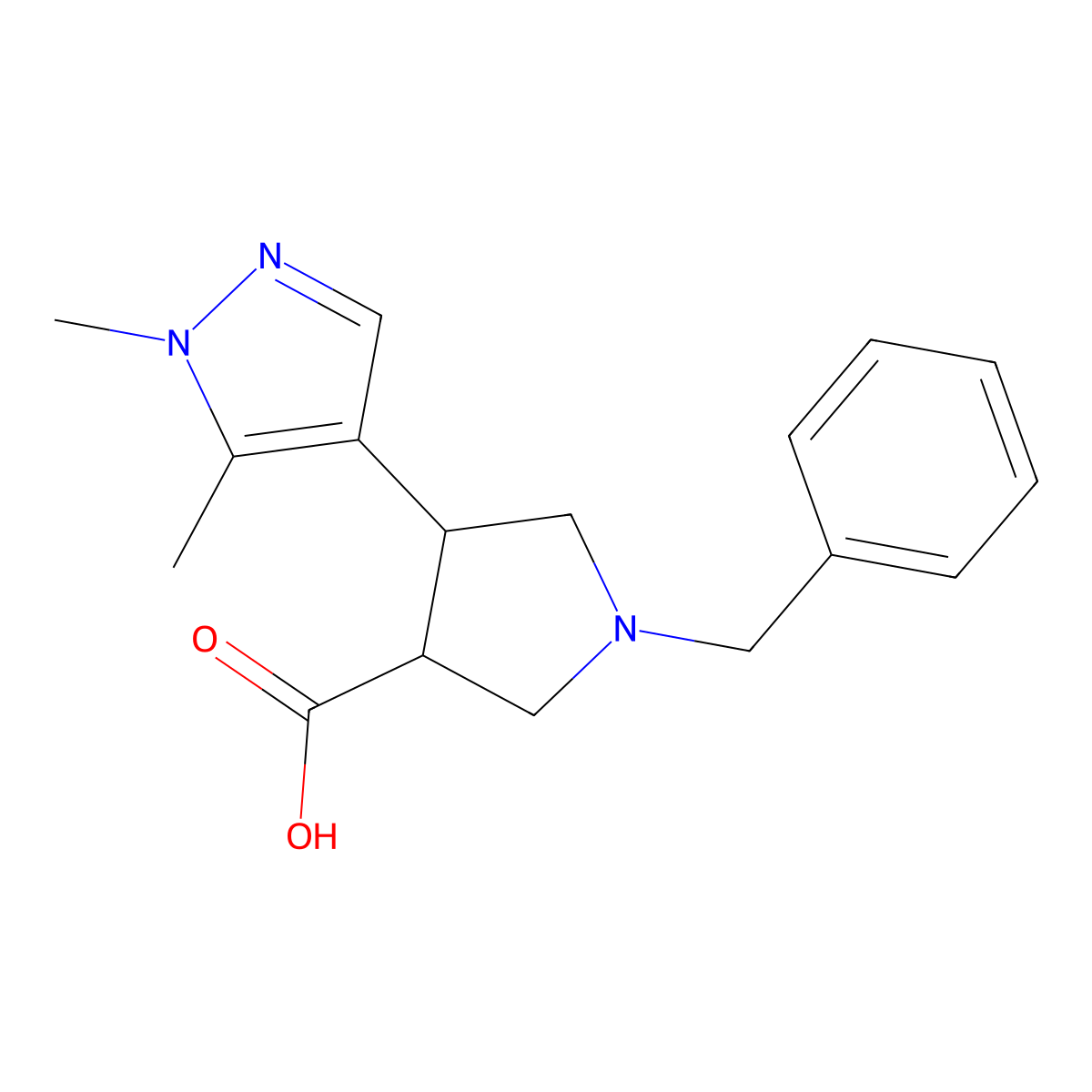 1-benzyl-4-(1,5-dimethyl-1H-pyrazol-4-yl)pyrrolidine-3-carboxylic acid molecular structure, CAS 1875750-89-2