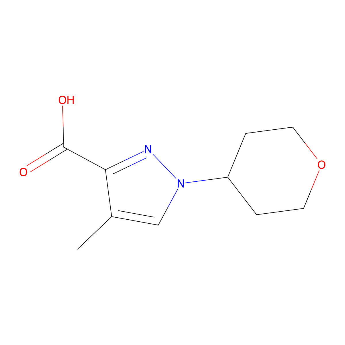 4-methyl-1-(oxan-4-yl)-1H-pyrazole-3-carboxylic acid molecular structure, CAS 1876987-56-2