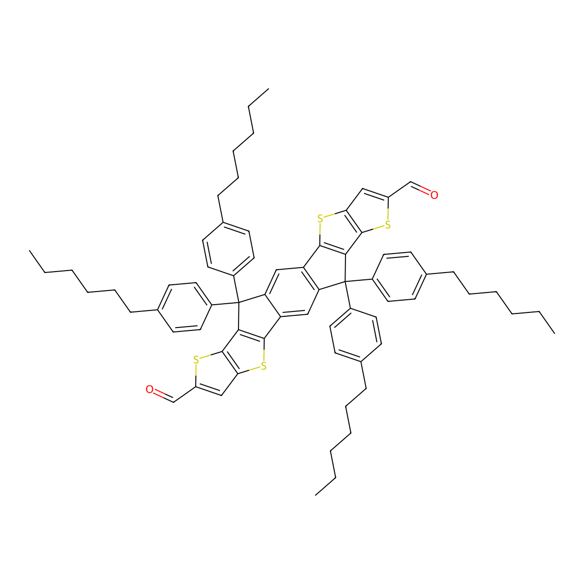 6,6,12,12-Tetrakis(4-hexylphenyl)-6,12-dihydrodithieno[2,3-d:2',3'-d']-s-indaceno[1,2-b:5,6-b']dithiophene-2,8-dicarboxaldehyde molecular structure, CAS 1878125-76-8