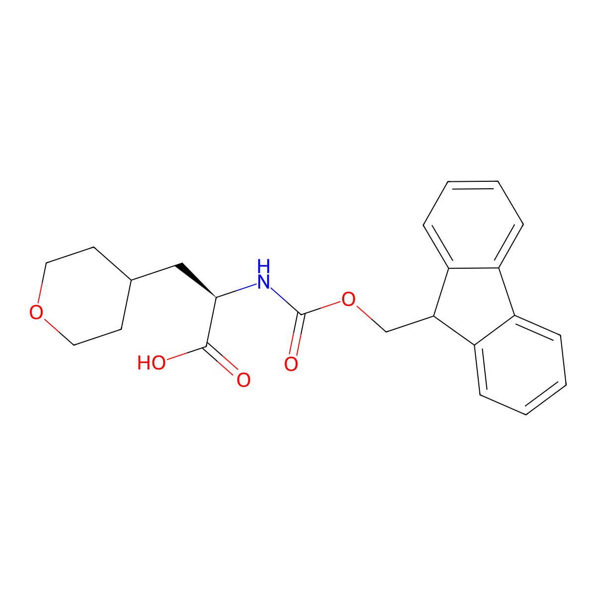 (2R)-2-((((9H-fluoren-9-yl)methoxy)carbonyl)amino)-3-(oxan-4-yl)propanoic acid molecular structure, CAS 1879080-16-6