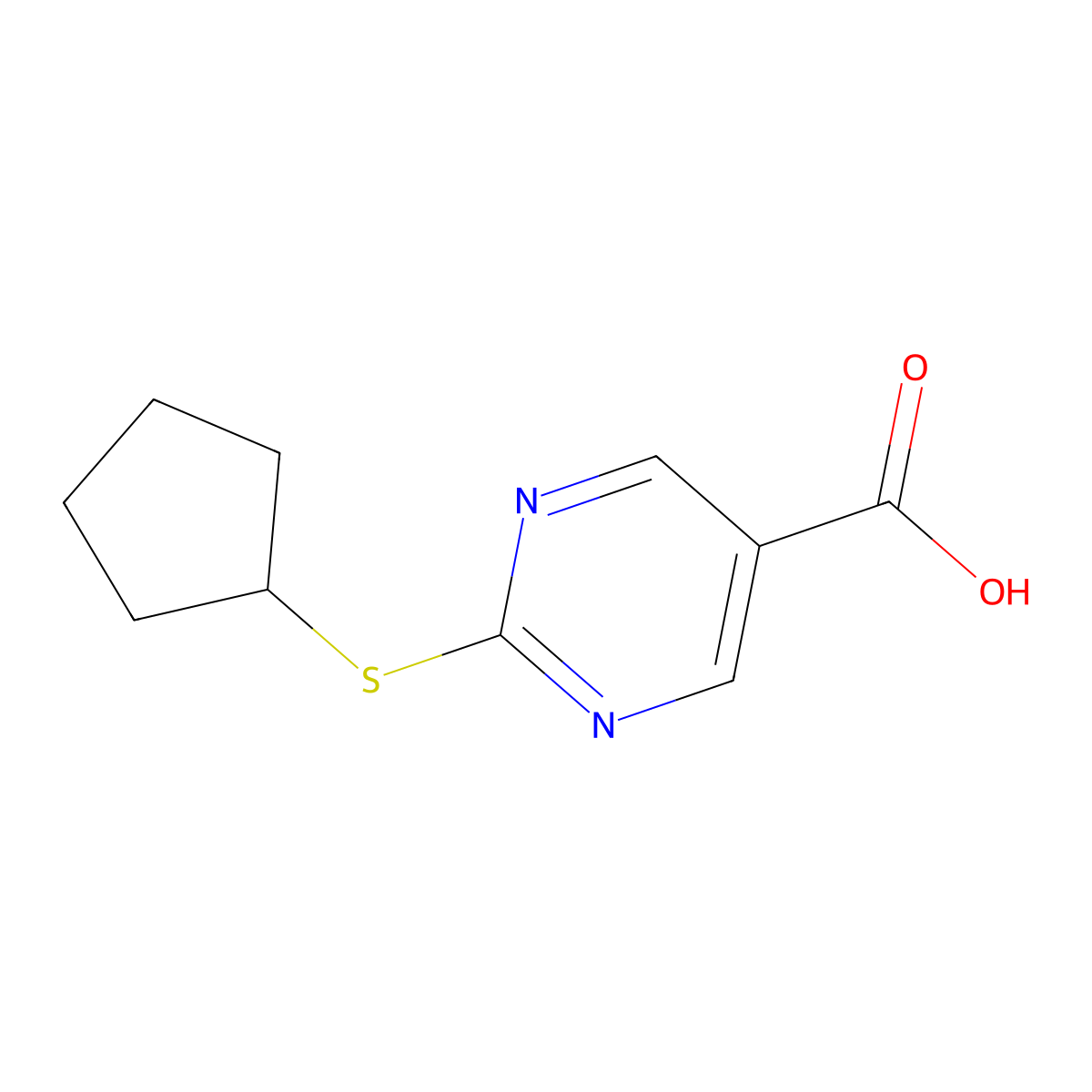 2-(Cyclopentylsulfanyl)pyrimidine-5-carboxylic acid molecular structure, CAS 1879597-19-9