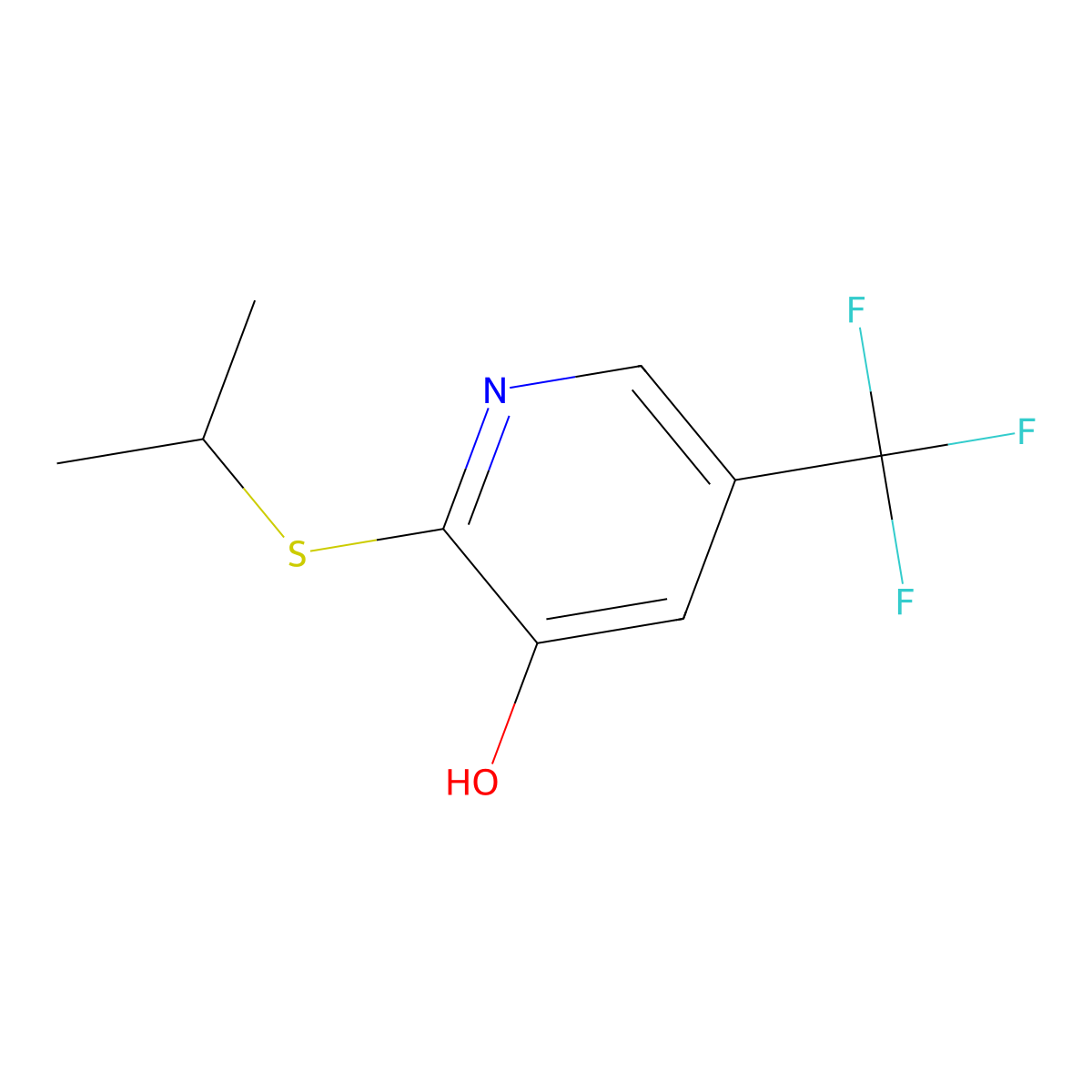 2-(Propan-2-ylsulfanyl)-5-(trifluoromethyl)pyridin-3-ol molecular structure, CAS 1881288-10-3
