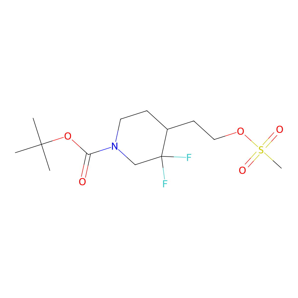 Tert-butyl 3,3-difluoro-4-(2-(methylsulfonyloxy)ethyl)piperidine-1-carboxylate molecular structure, CAS 1881296-52-1
