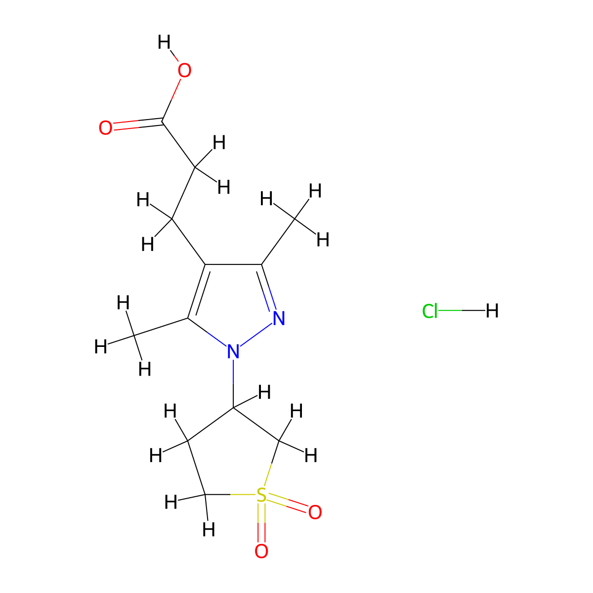 3-(1-(1,1-dioxidotetrahydrothiophen-3-yl)-3,5-dimethyl-1H-pyrazol-4-yl)propanoic acid hydrochloride molecular structure, CAS 1881329-15-2