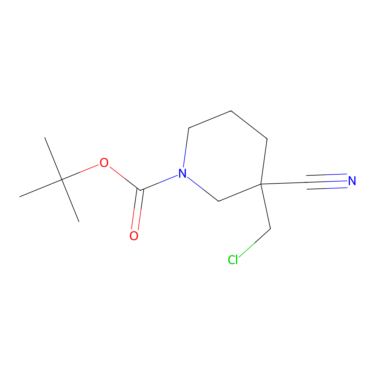 Tert-butyl 3-(chloromethyl)-3-cyanopiperidine-1-carboxylate molecular structure, CAS 1881563-53-6
