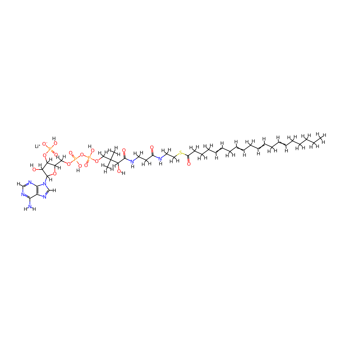 Lithium [5-(6-aminopurin-9-yl)-4-hydroxy-2-[[hydroxy-[hydroxy-[3-hydroxy-4-[[3-(2-icosa-5,8,11,14-tetraenoylsulfanylethylamino)-3-oxopropyl]amino]-2,2-dimethyl-4-oxobutoxy]phosphoryl]oxyphosphoryl]oxymethyl]oxolan-3-yl] hydrogen phosphate molecular structure, CAS 188174-63-2