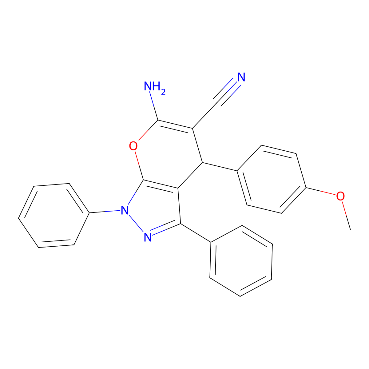 6-Amino-4-(4-methoxyphenyl)-1,3-diphenyl-1,4-dihydropyrano[2,3-c]pyrazole-5-carbonitrile molecular structure, CAS 188199-07-7