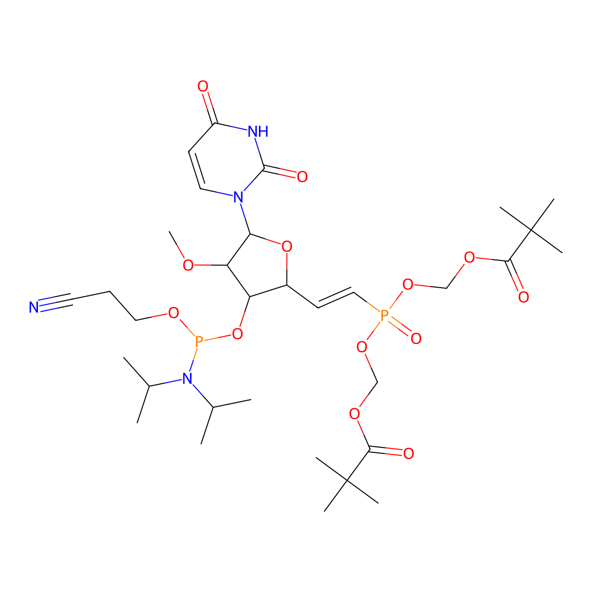 [2-[(2R,3R,4R,5R)-3-[2-cyanoethoxy-[di(propan-2-yl)amino]phosphanyl]oxy-5-(2,4-dioxopyrimidin-1-yl)-4-methoxyoxolan-2-yl]ethenyl-(2,2-dimethylpropanoyloxymethoxy)phosphoryl]oxymethyl 2,2-dimethylpropanoate molecular structure, CAS 1882067-09-5