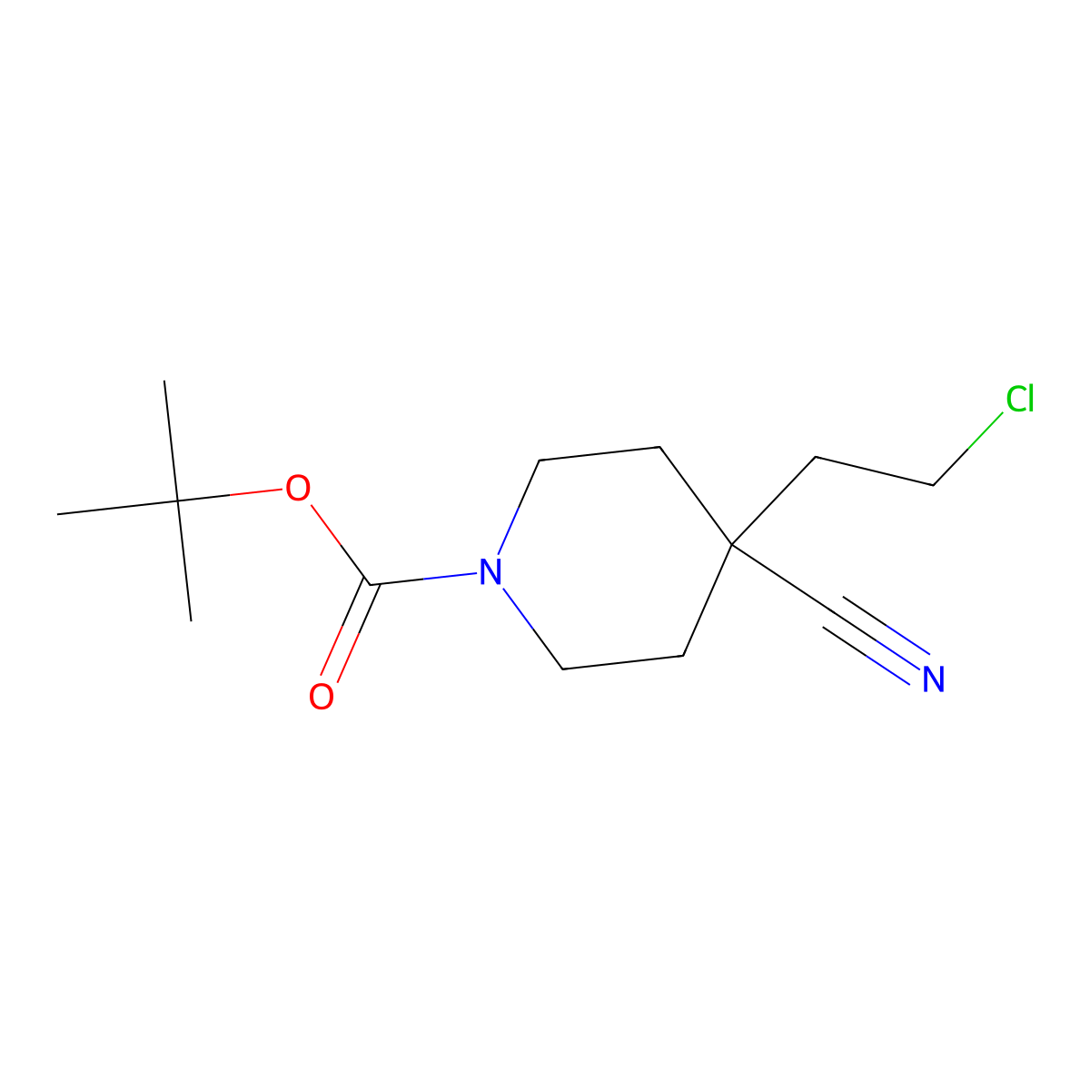Tert-butyl 4-(2-chloroethyl)-4-cyanopiperidine-1-carboxylate molecular structure, CAS 1882469-75-1