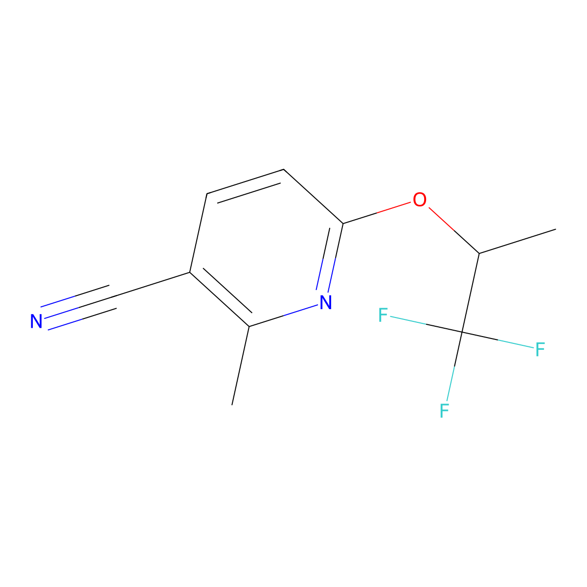 2-Methyl-6-[(1,1,1-trifluoropropan-2-yl)oxy]pyridine-3-carbonitrile molecular structure, CAS 1882759-90-1