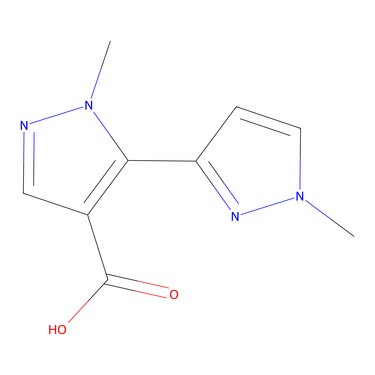 1-methyl-5-(1-methyl-1H-pyrazol-3-yl)-1H-pyrazole-4-carboxylic acid molecular structure, CAS 1882773-37-6