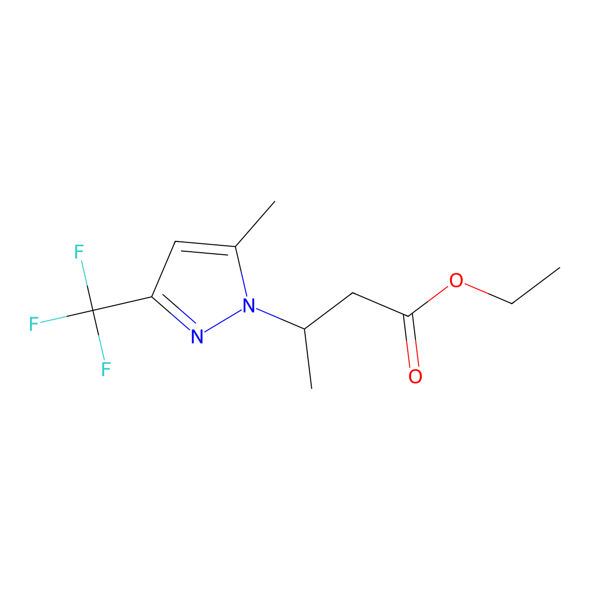 Ethyl 3-[5-methyl-3-(trifluoromethyl)-1H-pyrazol-1-yl]butanoate molecular structure, CAS 1883290-00-3