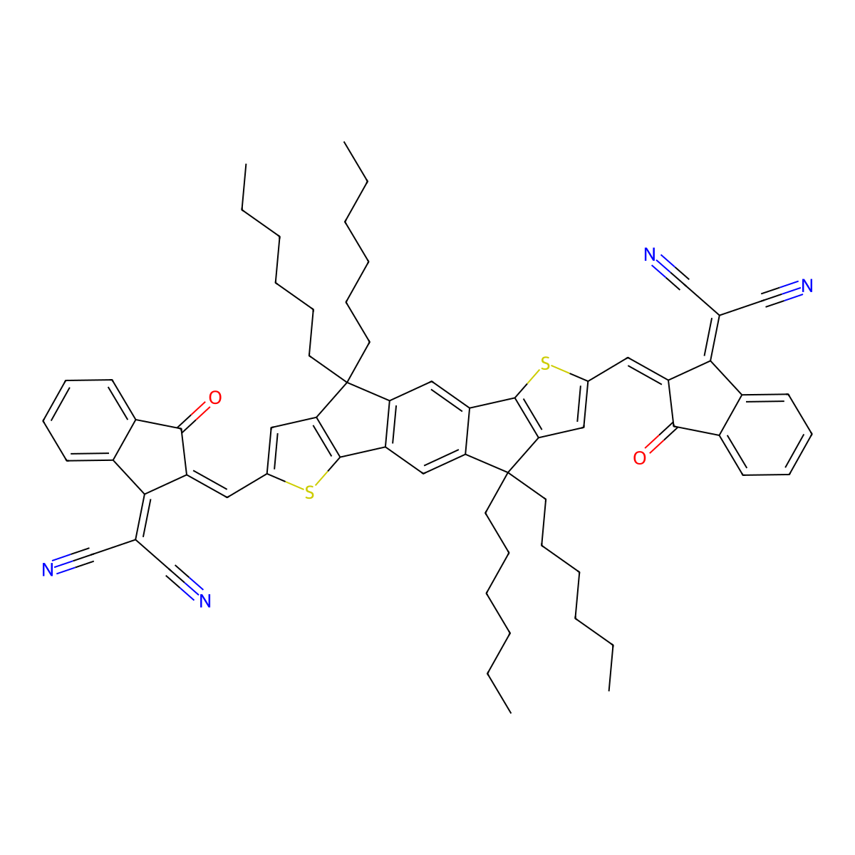 2,2'-((2Z,2'Z)-((4,4,9,9-Tetrahexyl-4,9-dihydro-s-indaceno[1,2-b:5,6-b']dithiophene-2,7-diyl)bis(methanylylidene))bis(3-oxo-2,3-dihydro-1H-indene-2,1-diylidene))dimalononitrile molecular structure, CAS 1883441-92-6