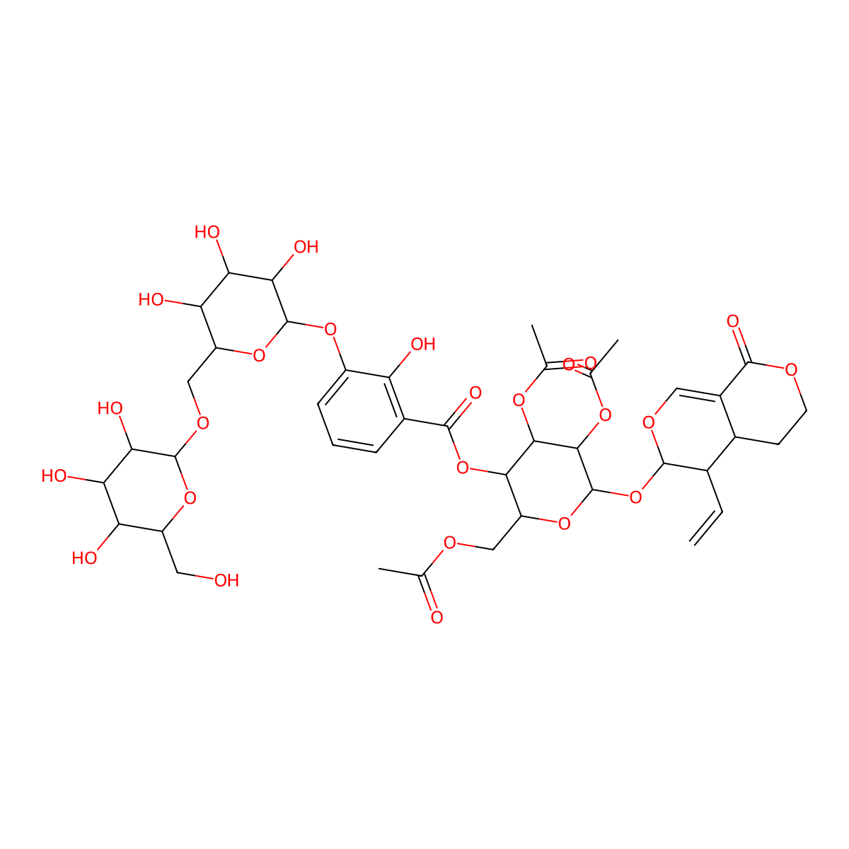 (4aS,5R,6S)-5-Ethenyl-4,4a,5,6-tetrahydro-6-[[2,3,6-tri-O-acetyl-4-O-[3-[(6-O-beta-D-glucopyranosyl-beta-D-glucopyranosyl)oxy]-2-hydroxybenzoyl]-beta-D-glucopyranosyl]oxy]-1H,3H-pyrano[3,4-c]pyran-1-one molecular structure, CAS 188350-29-0