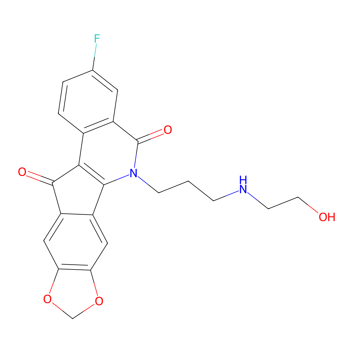 16-Fluoro-20-[3-(2-hydroxyethylamino)propyl]-5,7-dioxa-20-azapentacyclo[10.8.0.02,10.04,8.013,18]icosa-1(12),2,4(8),9,13(18),14,16-heptaene-11,19-dione molecular structure, CAS 1883730-99-1
