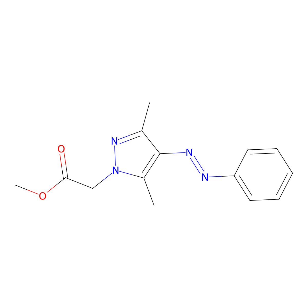 methyl (E)-2-(3,5-dimethyl-4-(phenyldiazenyl)-1H-pyrazol-1-yl)acetate molecular structure, CAS 1883739-29-4