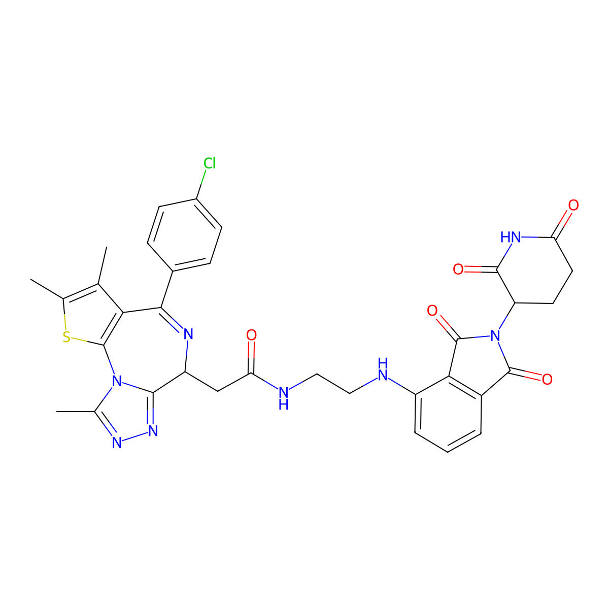 2-((9S)-7-(4-chlorophenyl)-4,5,13-trimethyl-3-thia-1,8,11,12-tetraazatricyclo(8.3.0.0,2,6)trideca-2(6),4,7,10,12-pentaen-9-yl)-N-(2-((2-(2,6-dioxopiperidin-3-yl)-1,3-dioxo-2,3-dihydro-1H-isoindol-4-yl)amino)ethyl)acetamide molecular structure, CAS 1883863-52-2