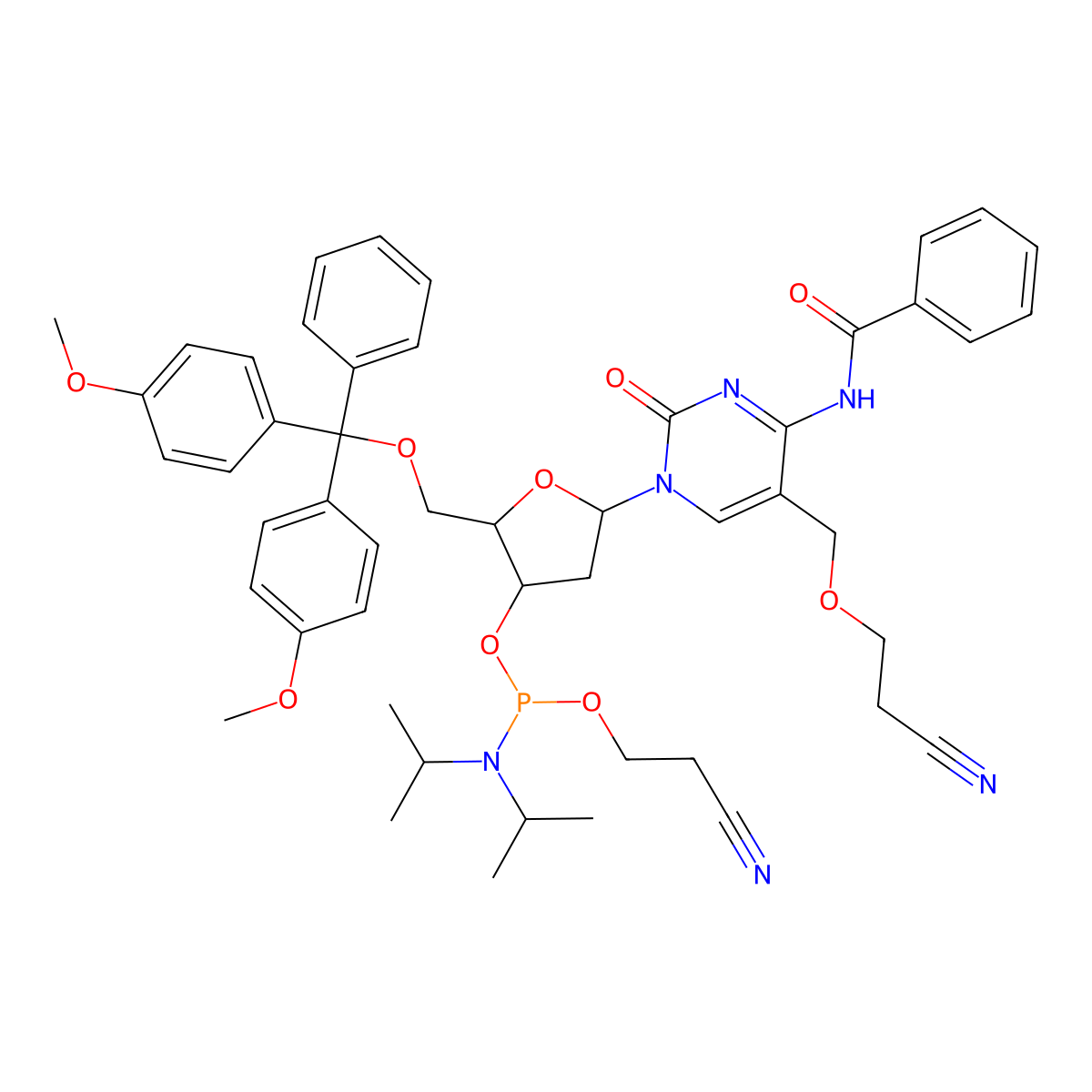 (2R,3S,5R)-5-(4-Benzamido-5-((2-cyanoethoxy)methyl)-2-oxopyrimidin-1(2H)-yl)-2-((bis(4-methoxyphenyl)(phenyl)methoxy)methyl)tetrahydrofuran-3-yl (2-cyanoethyl) diisopropylphosphoramidite molecular structure, CAS 188411-06-5