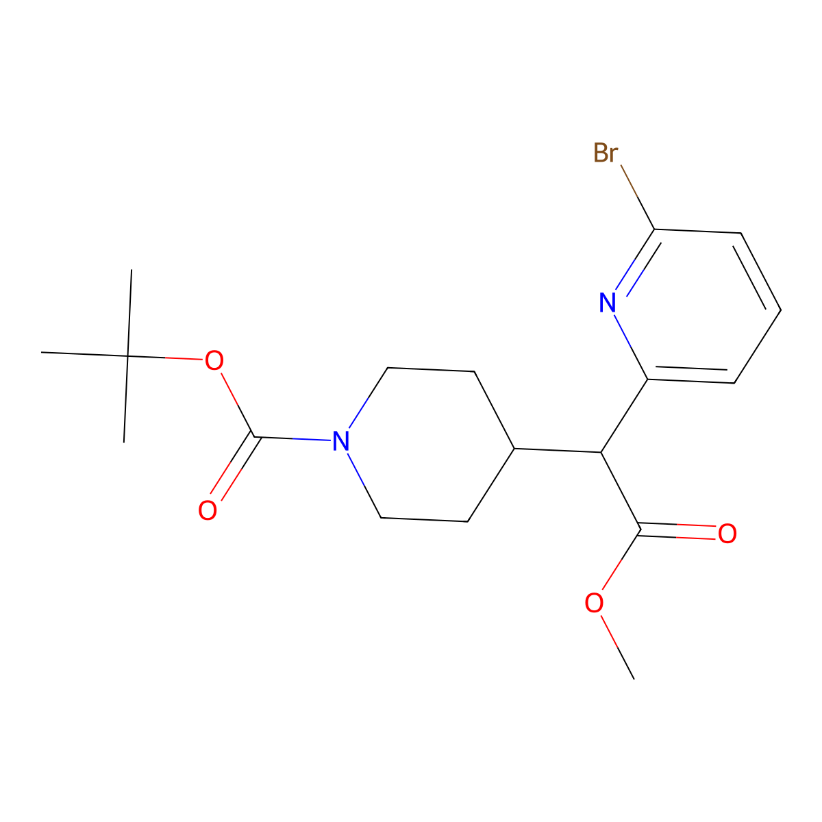 Tert-butyl 4-(1-(6-bromopyridin-2-yl)-2-methoxy-2-oxoethyl)piperidine-1-carboxylate molecular structure, CAS 1884278-99-2
