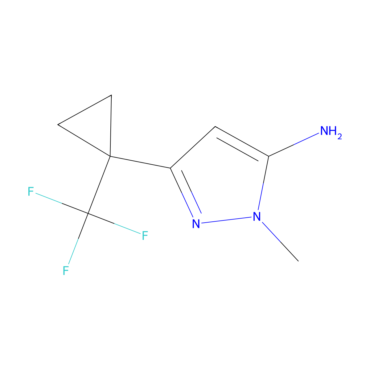 1-methyl-3-(1-(trifluoromethyl)cyclopropyl)-1H-pyrazol-5-amine molecular structure, CAS 1884309-82-3