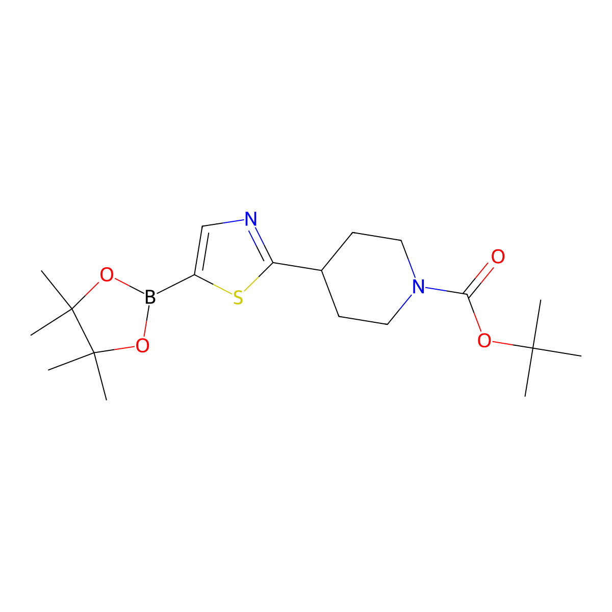 tert-Butyl 4-(5-(4,4,5,5-tetramethyl-1,3,2-dioxaborolan-2-yl)thiazol-2-yl)piperidine-1-carboxylate molecular structure, CAS 1884388-16-2