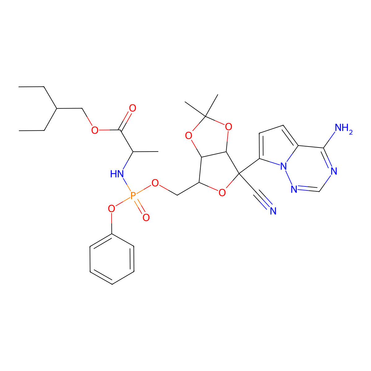 (S)-2-ethylbutyl 2-(((S)-(((3aR,4R,6R,6aR)-6-(4-aminopyrrolo[2,1-f][1,2,4]triazin-7-yl)-6-cyano-2,2-dimethyltetrahydrofuro[3,4-d][1,3]dioxol-4-yl)methoxy)(phenoxy)phosphoryl)amino)propanoate molecular structure, CAS 1884576-18-4