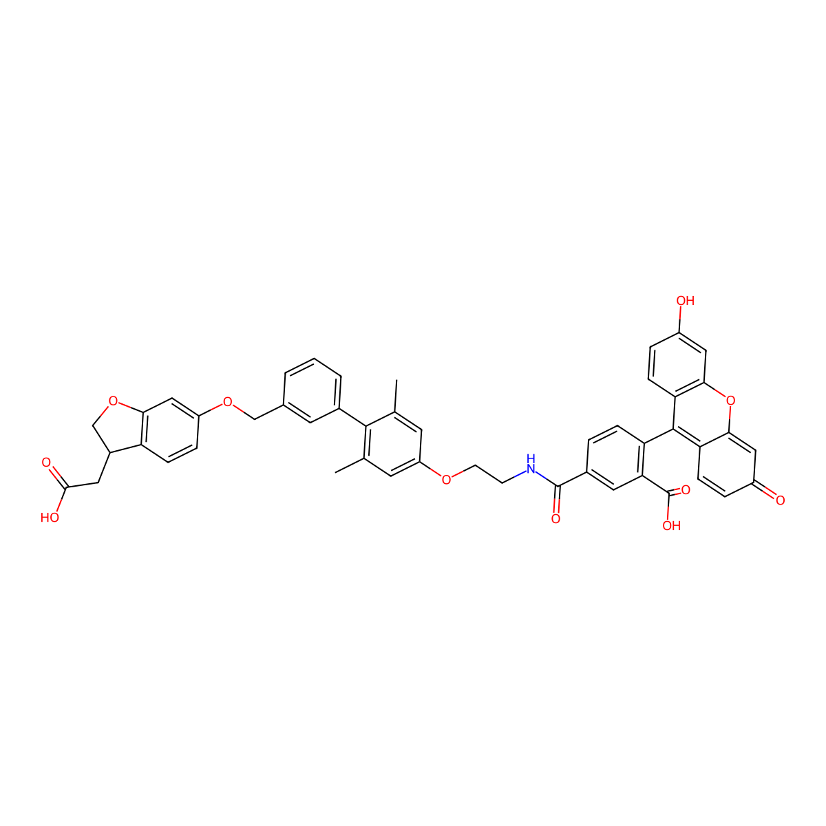 (S)-5-((2-((3'-(((3-(carboxymethyl)-2,3-dihydrobenzofuran-6-yl)oxy)methyl)-2,6-dimethyl-[1,1'-biphenyl]-4-yl)oxy)ethyl)carbamoyl)-2-(6-hydroxy-3-oxo-3H-xanthen-9-yl)benzoic acid molecular structure, CAS 1884696-02-9