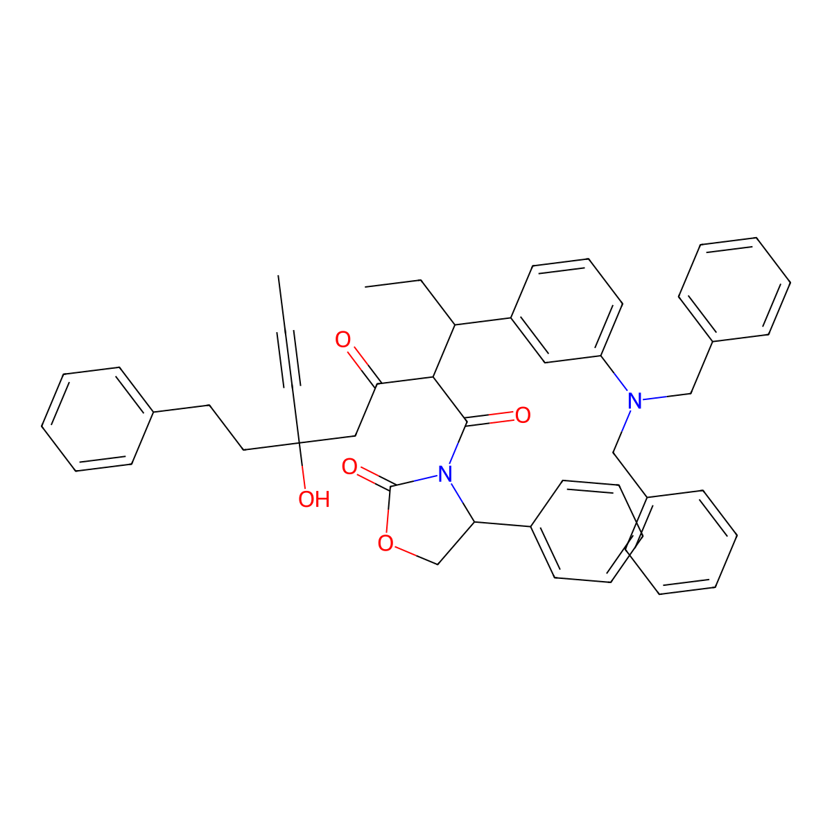 [4R-[3(2(S*),5(R*),4R]]-3-[2-[1-[3-[Bis(phenylmethyl)amino]phenyl]propyl]-5-hydroxy-1,3-dioxo-5-(2-phenylethyl)-6-octynyl]-4-phenyl-2-oxazolidinone molecular structure, CAS 188559-22-0
