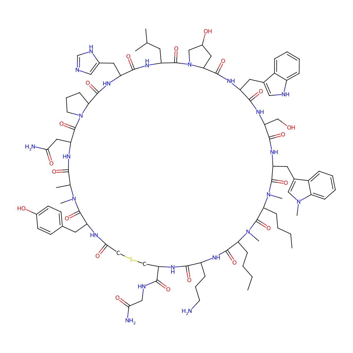 Ac(1)-Tyr-N(Me)Ala-Asn-Pro-His-Leu-Hyp-Trp-Ser-Trp(Me)-N(Me)Nle-N(Me)Nle-Orn-Cys(1)-Gly-NH2 molecular structure, CAS 1886057-64-2