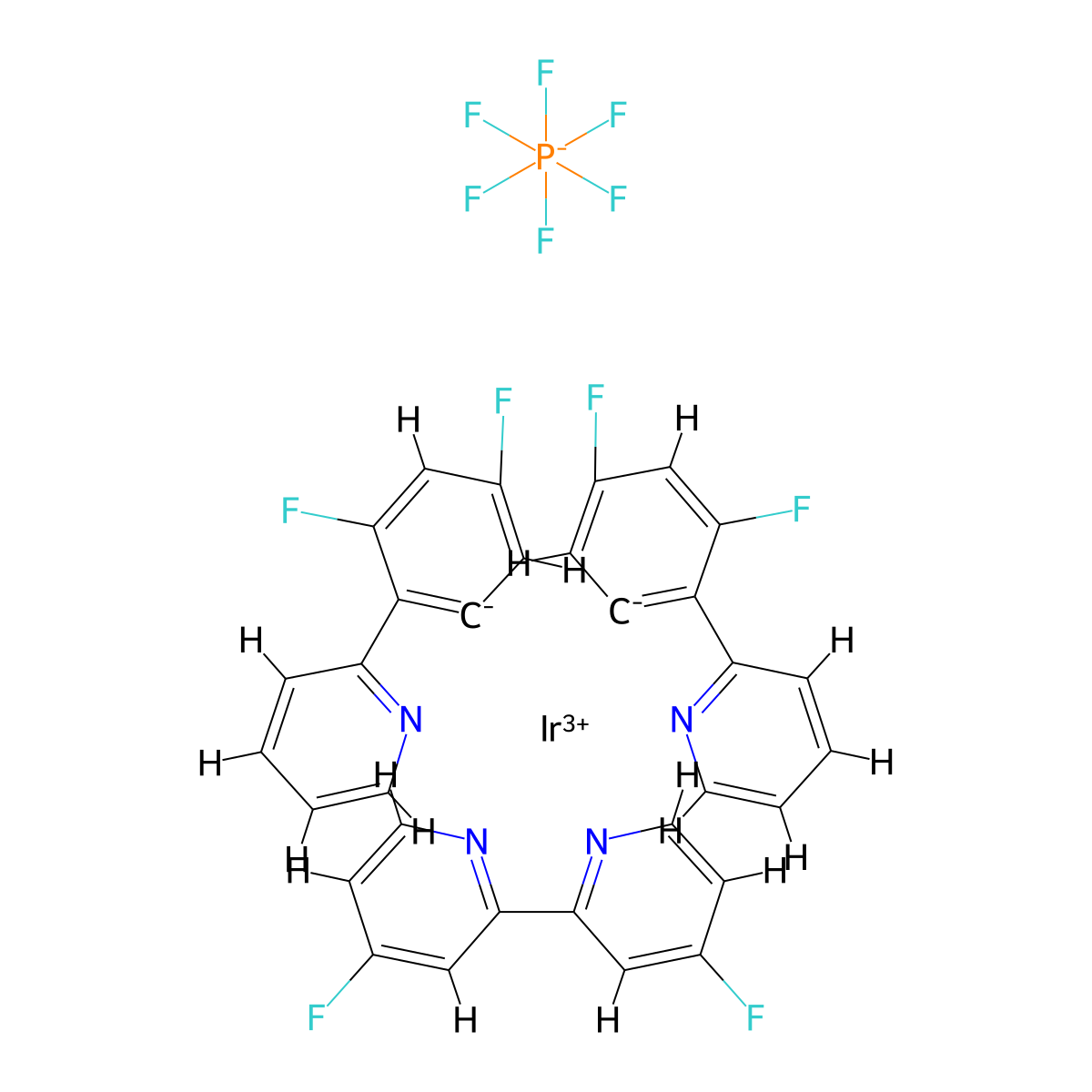 Iridium-(4,4'-difluoro-2,2'-bipyridine-κN1,κN1')bis[3,5-difluoro-2-(2-pyridinyl-κN)phenyl-κC]-(OC-6-33)-hexafluorophosphate molecular structure, CAS 1887093-09-5