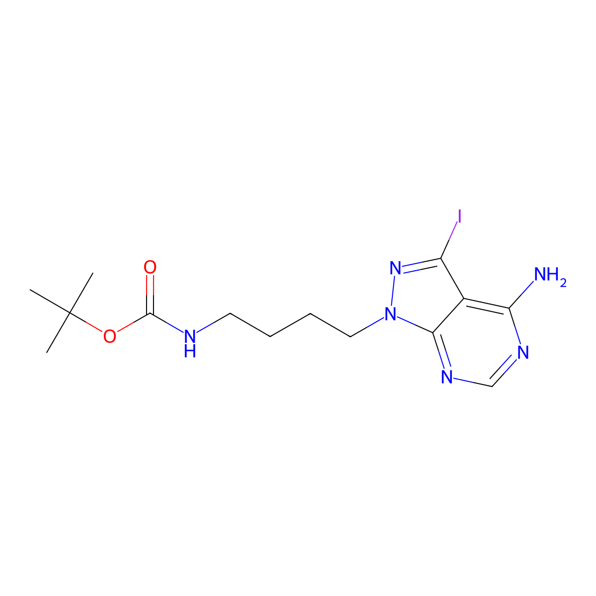 tert-Butyl (4-(4-amino-3-iodo-1H-pyrazolo[3,4-d]pyrimidin-1-yl)butyl)carbamate molecular structure, CAS 1887095-79-5