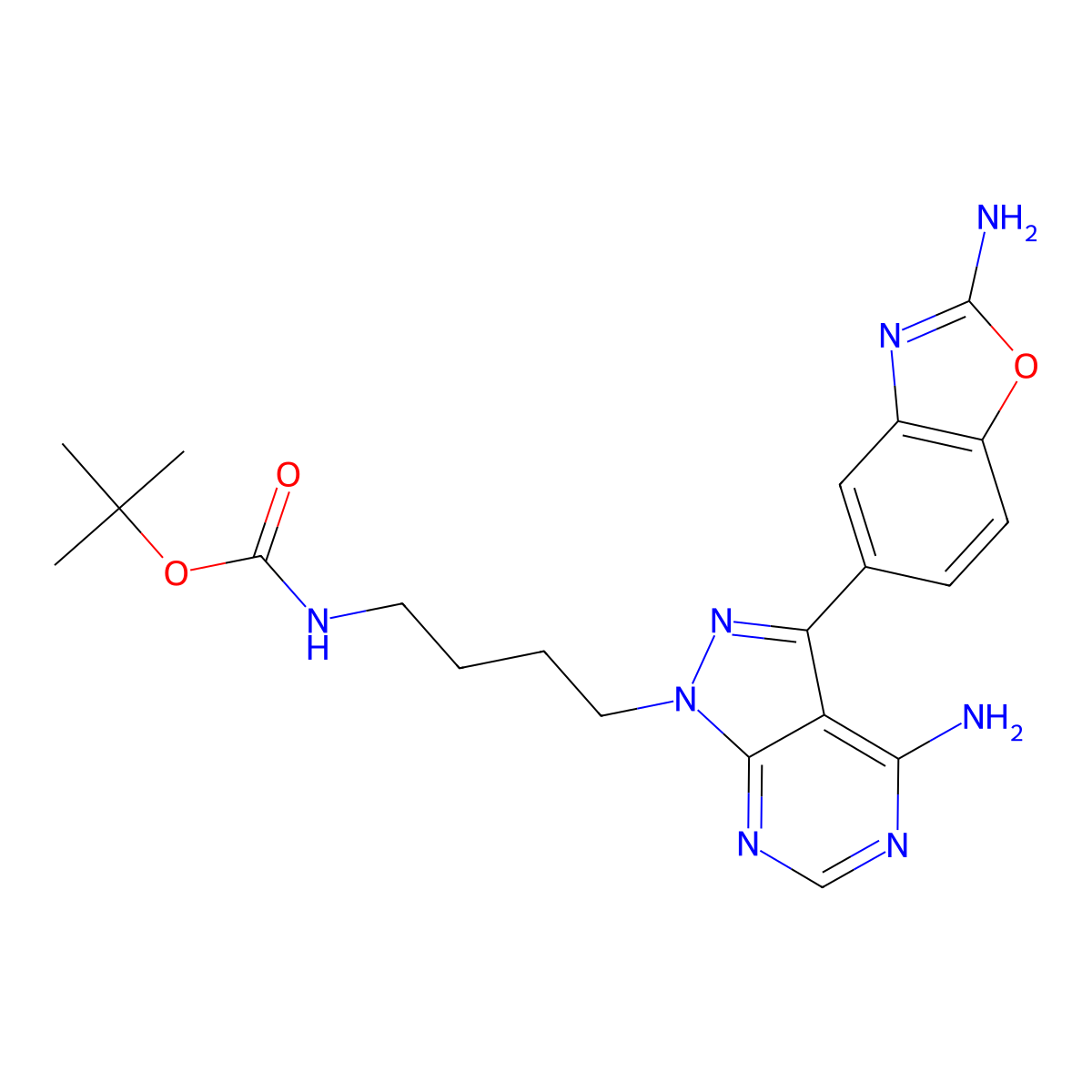 tert-Butyl (4-(4-amino-3-(2-aminobenzo[d]oxazol-5-yl)-1H-pyrazolo[3,4-d]pyrimidin-1-yl)butyl)carbamate molecular structure, CAS 1887095-80-8