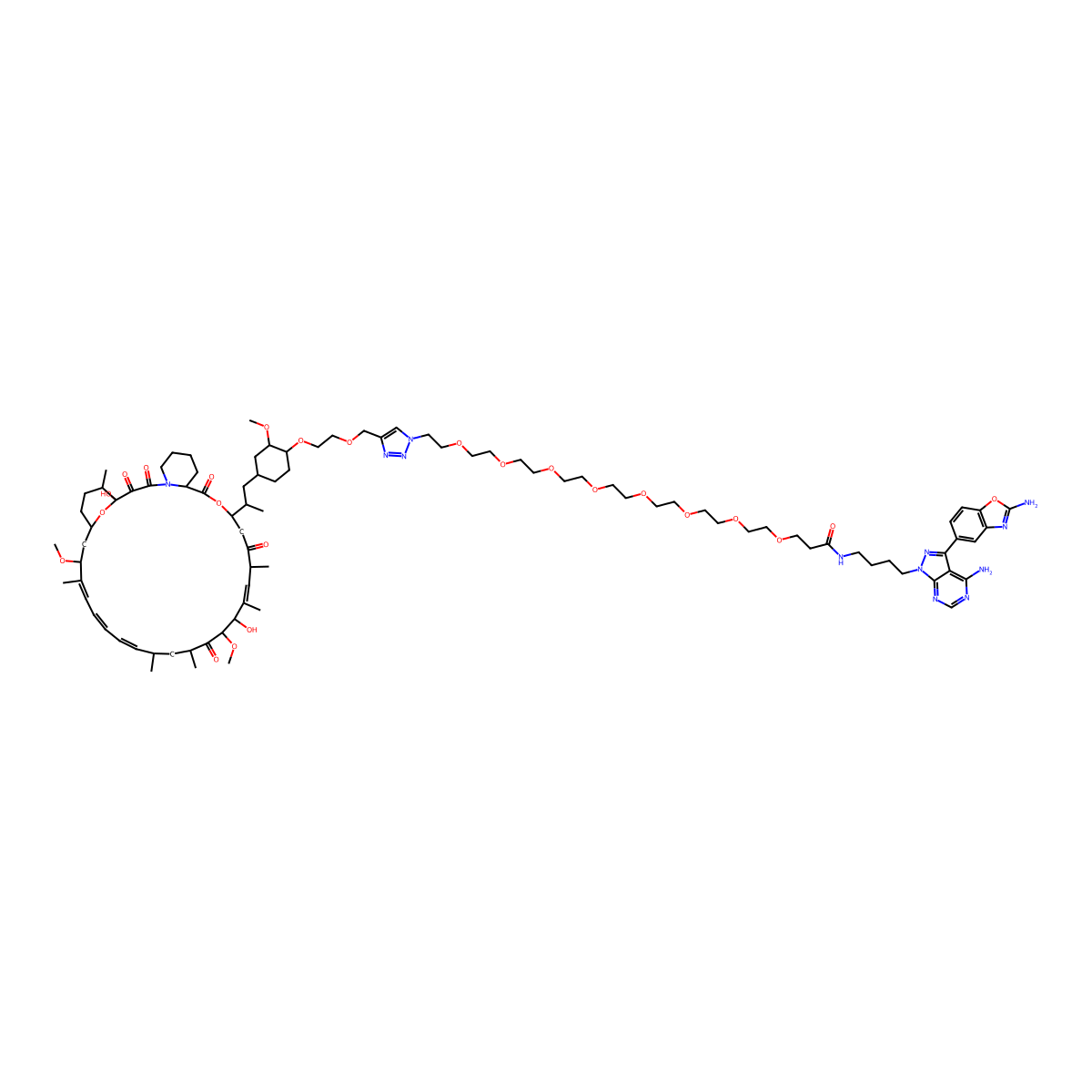 N-[4-[4-amino-3-(2-amino-1,3-benzoxazol-5-yl)pyrazolo[3,4-d]pyrimidin-1-yl]butyl]-3-[2-[2-[2-[2-[2-[2-[2-[2-[4-[2-[(1R,2R,4S)-4-[(2R)-2-[(1R,9S,12S,15R,16Z,18R,19R,21R,23S,24Z,26Z,28Z,30S,32S,35R)-1,18-dihydroxy-19,30-dimethoxy-15,17,21,23,29,35-hexamethyl-2,3,10,14,20-pentaoxo-11,36-dioxa-4-azatricyclo[30.3.1.04,9]hexatriaconta-16,24,26,28-tetraen-12-yl]propyl]-2-methoxycyclohexyl]oxyethoxymethyl]triazol-1-yl]ethoxy]ethoxy]ethoxy]ethoxy]ethoxy]ethoxy]ethoxy]ethoxy]propanamide molecular structure, CAS 1887095-82-0