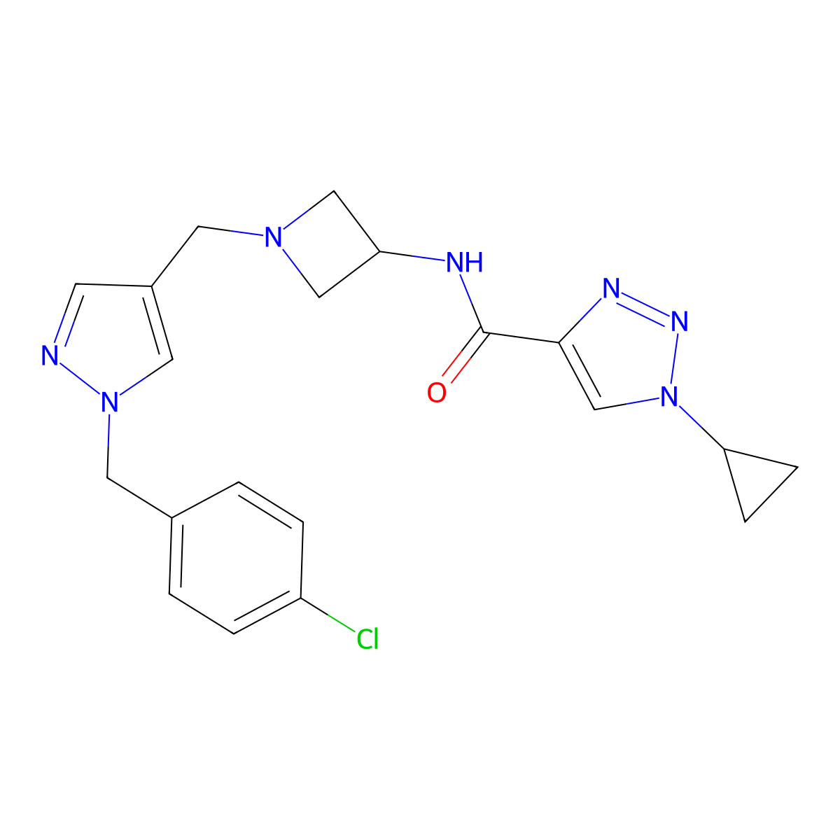 N-[1-({1-[(4-chlorophenyl)methyl]-1H-pyrazol-4-yl}methyl)azetidin-3-yl]-1-cyclopropyl-1H-1,2,3-triazole-4-carboxamide molecular structure, CAS 1887195-17-6