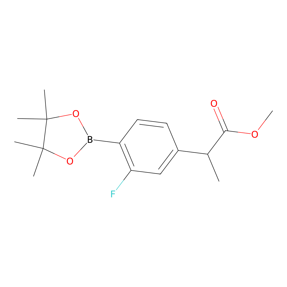 Methyl 2-(3-fluoro-4-(4,4,5,5-tetramethyl-1,3,2-dioxaborolan-2-yl)phenyl)propanoate molecular structure, CAS 1887769-25-6