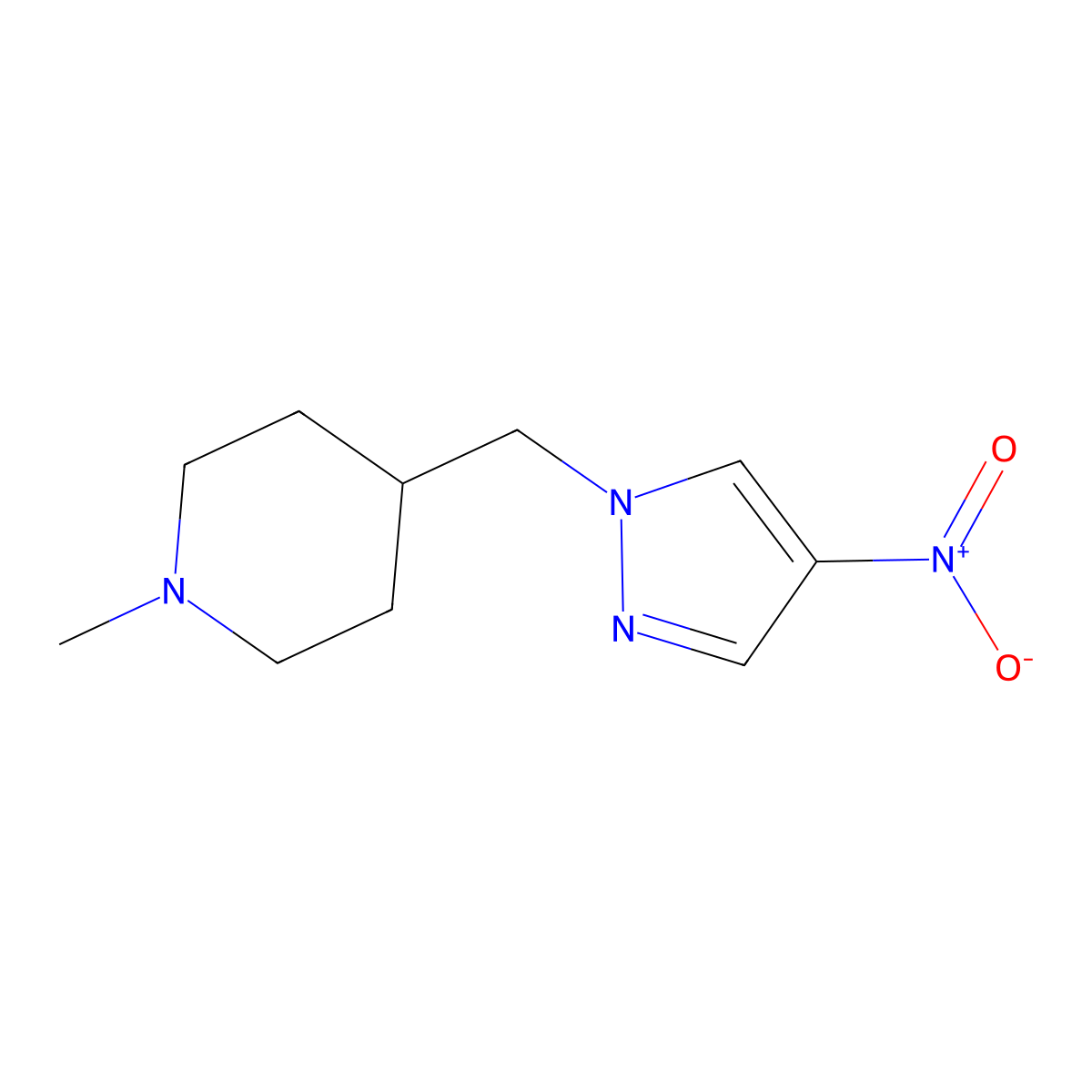 1-methyl-4-((4-nitro-1H-pyrazol-1-yl)methyl)piperidine molecular structure, CAS 1888307-76-3