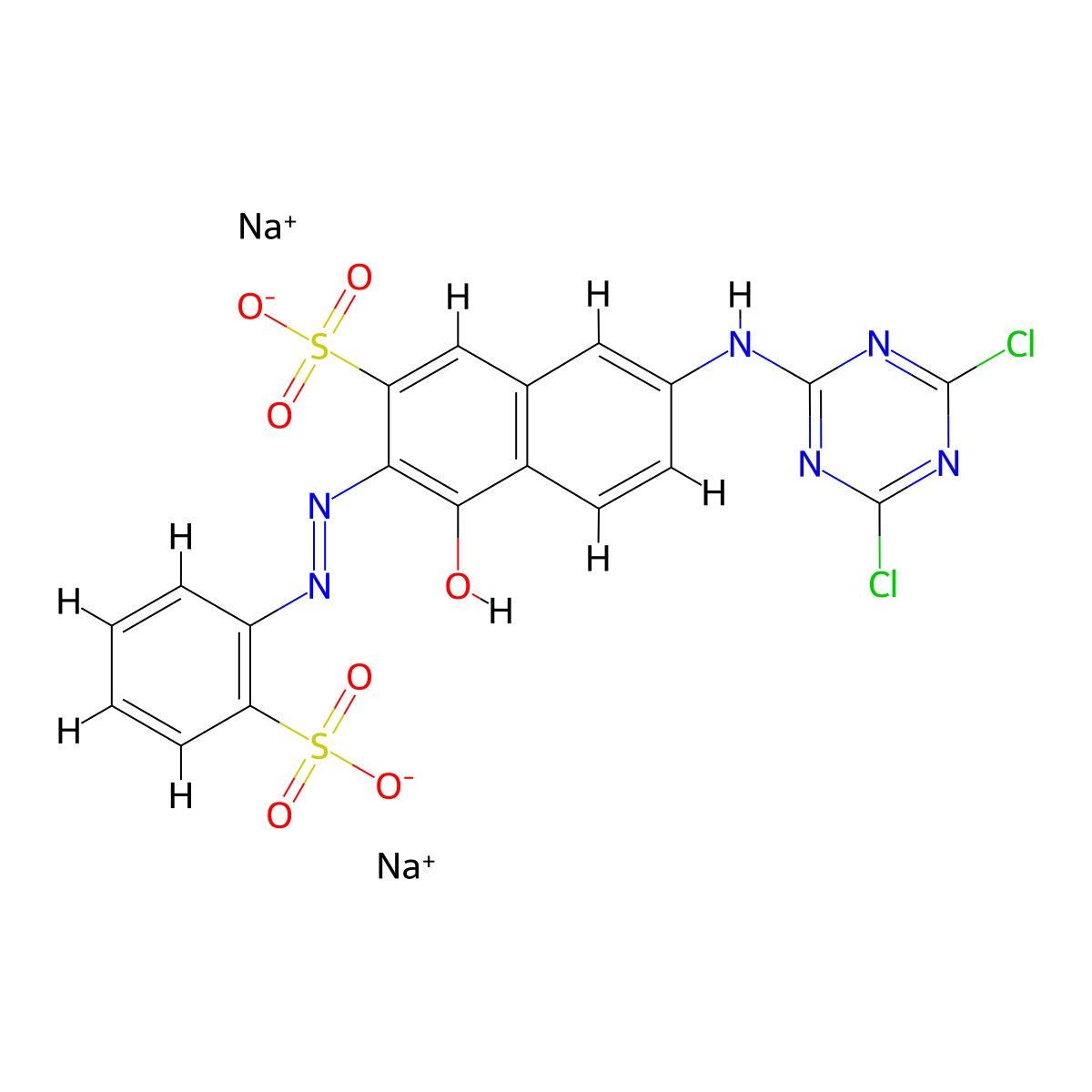 2-Naphthalenesulfonic acid, 7-((4,6-dichloro-1,3,5-triazin-2-yl)amino)-4-hydroxy-3-(2-(2-sulfophenyl)diazenyl)-, sodium salt (1:2) molecular structure, CAS 18886-16-3