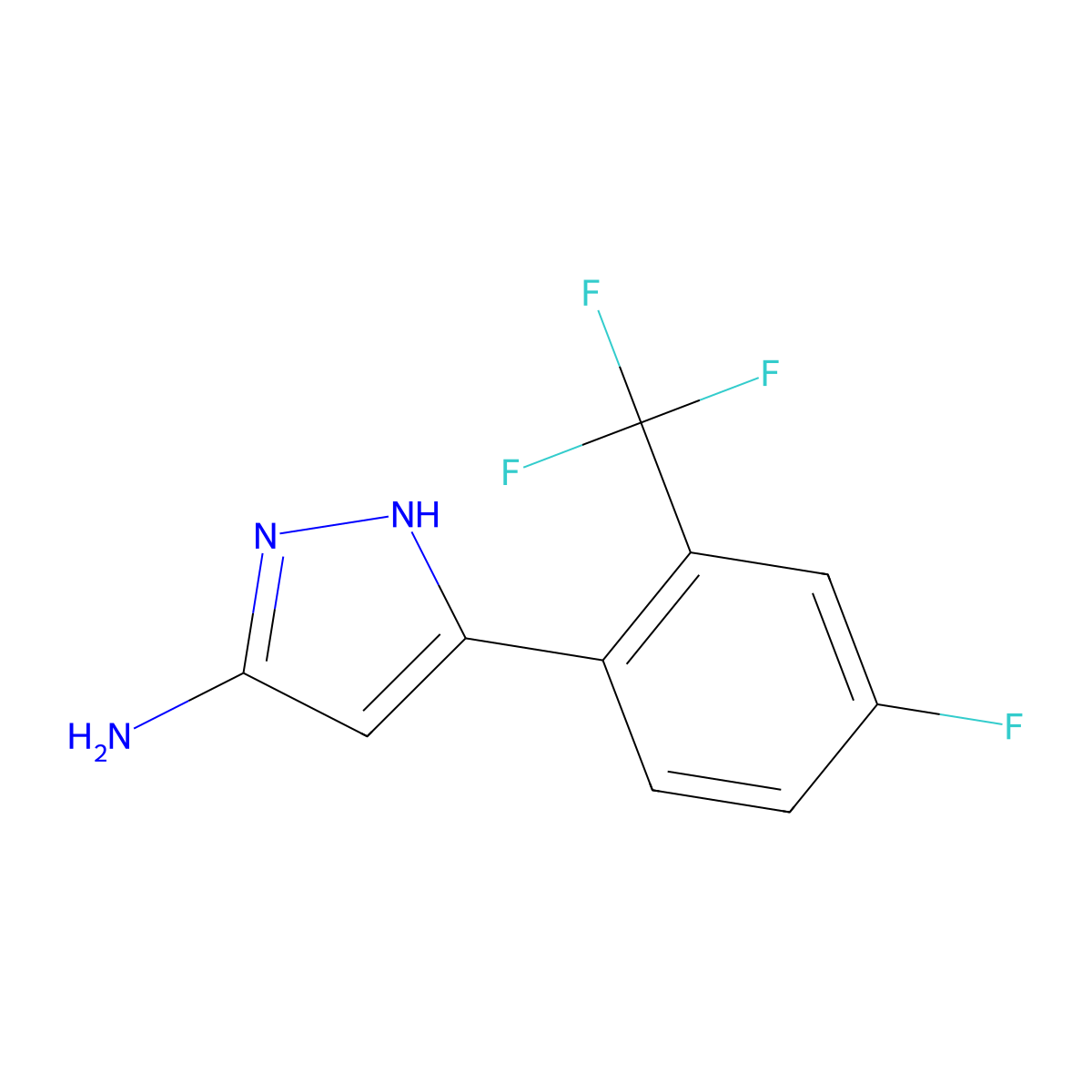 5-[4-fluoro-2-(trifluoromethyl)phenyl]-1H-pyrazol-3-amine molecular structure, CAS 1888719-46-7