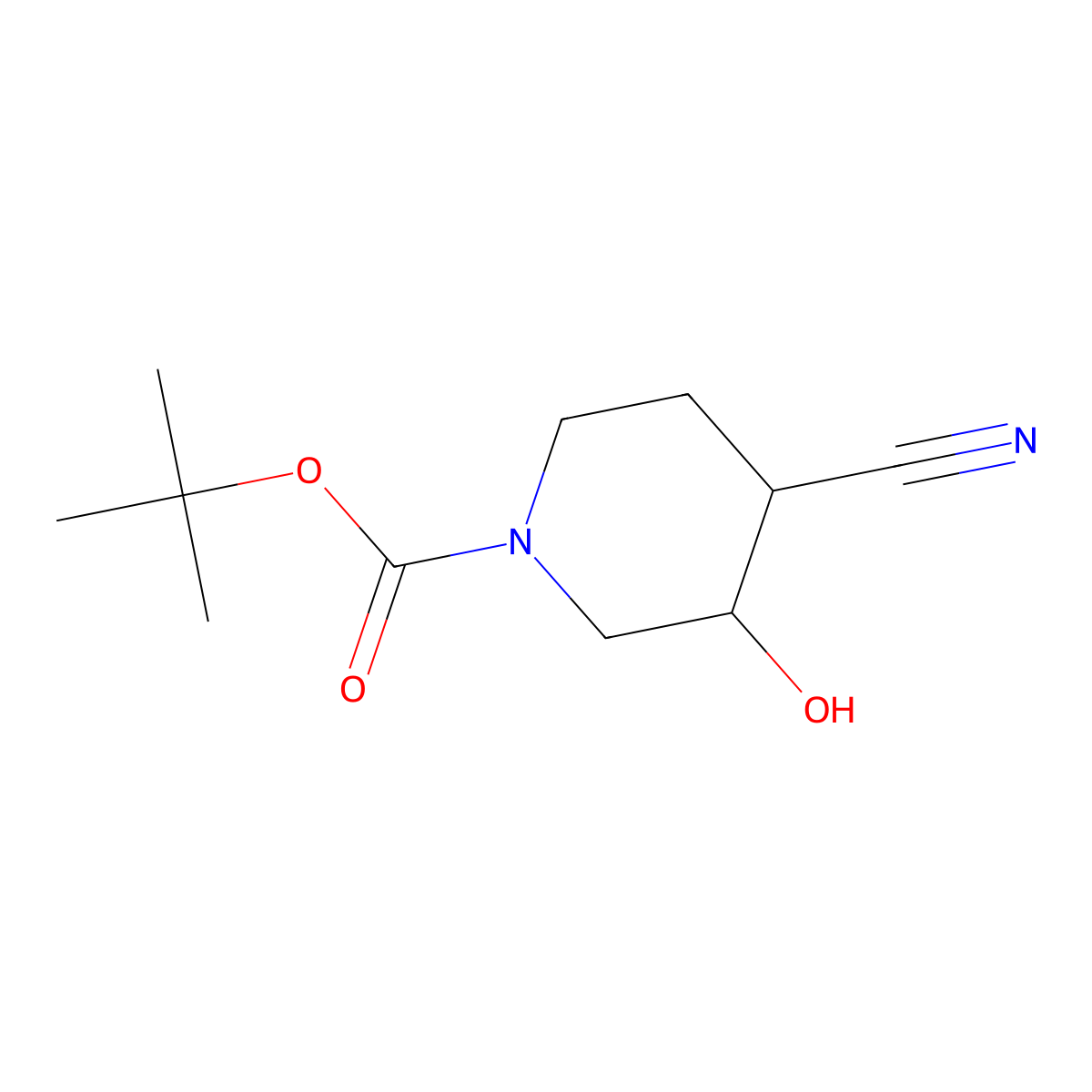1-Piperidinecarboxylic acid, 4-cyano-3-hydroxy-, 1,1-dimethylethyl ester, trans- molecular structure, CAS 188879-53-0