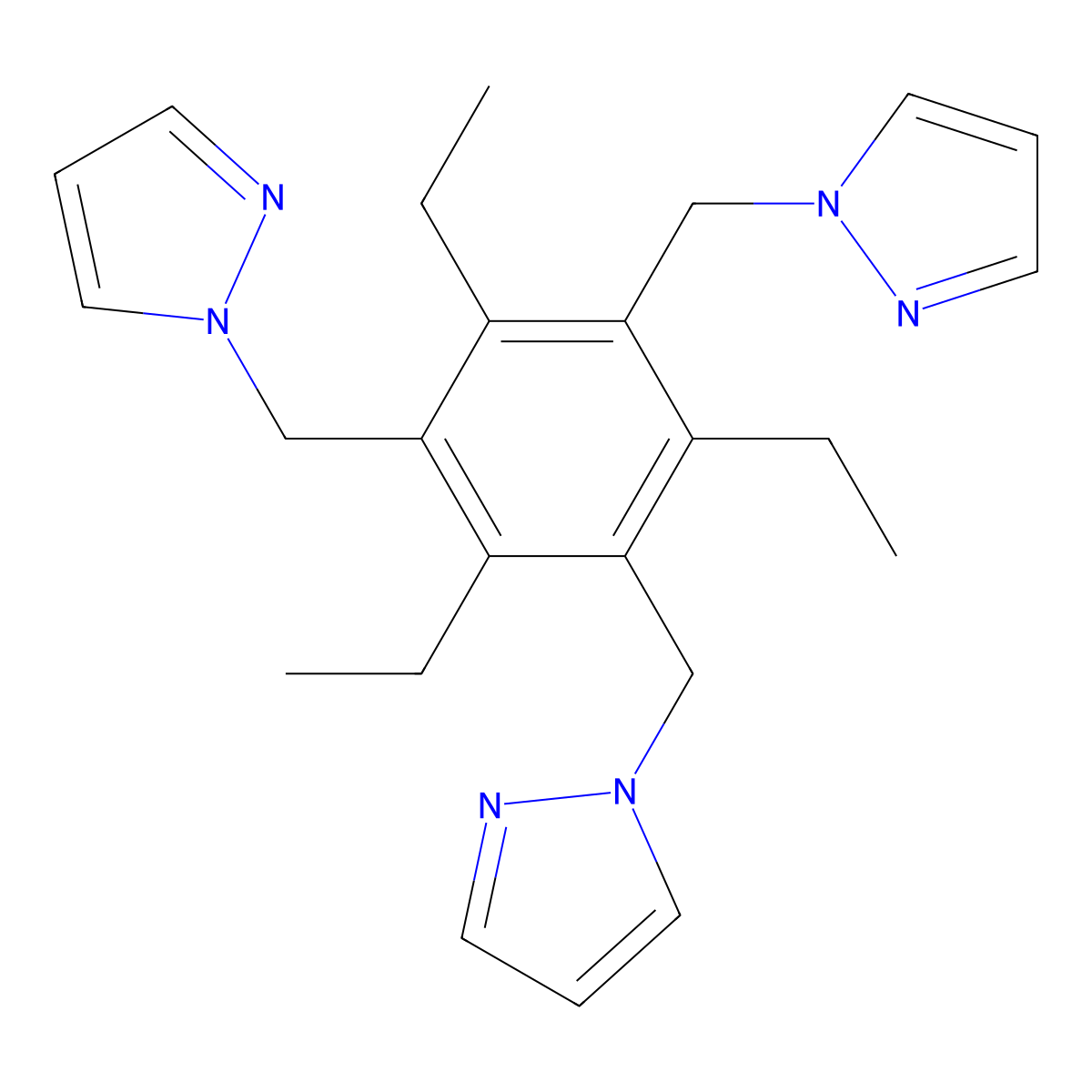 1,1',1''-((2,4,6-Triethylbenzene-1,3,5-triyl)tris(methylene))tris(1H-pyrazole) molecular structure, CAS 188883-42-3