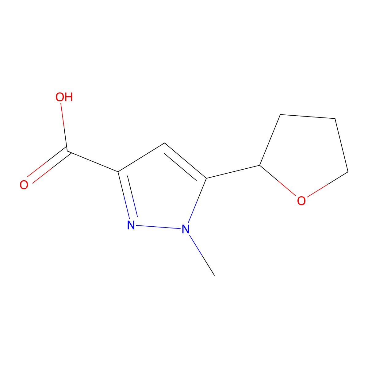 1-methyl-5-(oxolan-2-yl)-1H-pyrazole-3-carboxylic acid molecular structure, CAS 1888891-92-6