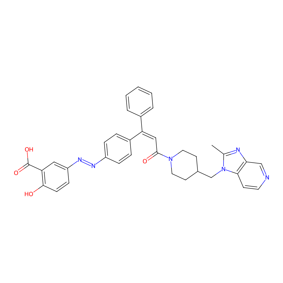 2-Hydroxy-5-[[4-[3-[4-[(2-methylimidazo[4,5-c]pyridin-1-yl)methyl]piperidin-1-yl]-3-oxo-1-phenylprop-1-enyl]phenyl]diazenyl]benzoic acid molecular structure, CAS 188913-58-8