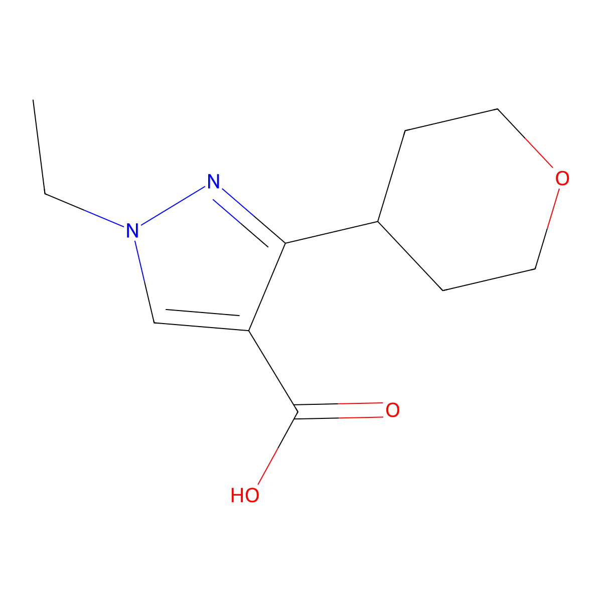 1-ethyl-3-(oxan-4-yl)-1H-pyrazole-4-carboxylic acid molecular structure, CAS 1889195-30-5