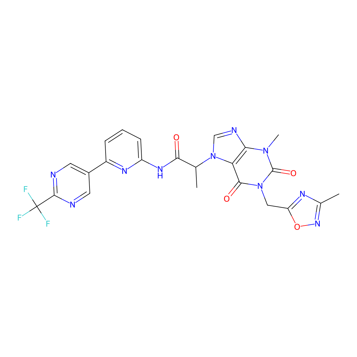 (S)-2-(3-Methyl-1-((3-methyl-1,2,4-oxadiazol-5-yl)methyl)-2,6-dioxo-1,2,3,6-tetrahydro-7H-purin-7-yl)-N-(6-(2-(trifluoromethyl)pyrimidin-5-yl)pyridin-2-yl)propanamide molecular structure, CAS 1889218-34-1