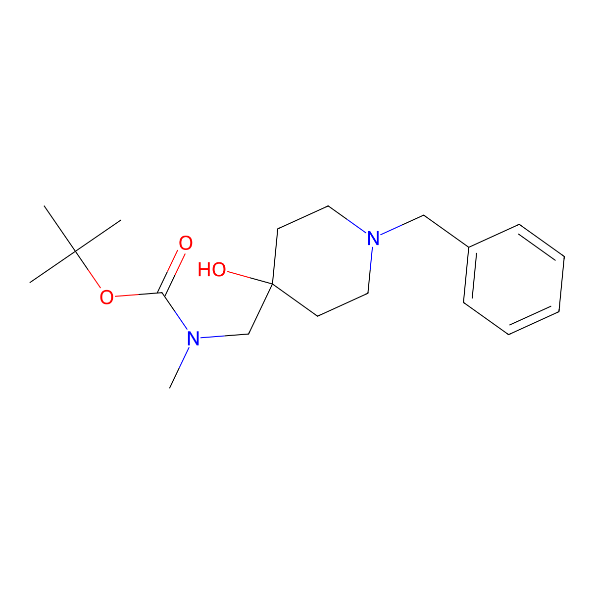 tert-Butyl ((1-benzyl-4-hydroxypiperidin-4-yl)methyl)(methyl)carbamate molecular structure, CAS 1889306-85-7