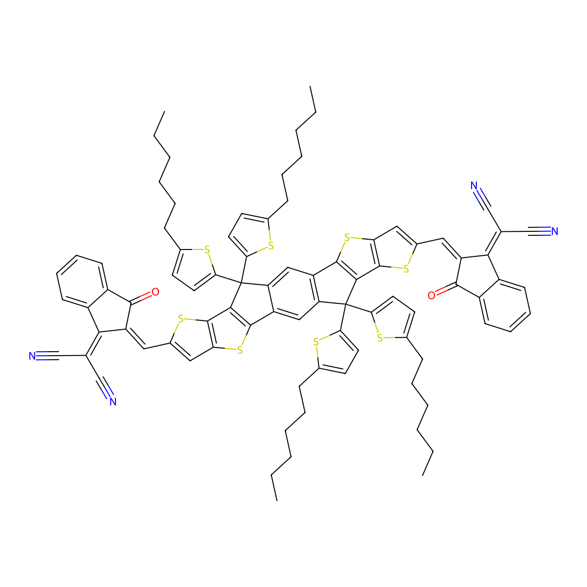 2-[2-[[20-[[1-(Dicyanomethylidene)-3-oxoinden-2-ylidene]methyl]-12,12,24,24-tetrakis(5-hexylthiophen-2-yl)-5,9,17,21-tetrathiaheptacyclo[13.9.0.03,13.04,11.06,10.016,23.018,22]tetracosa-1(15),2,4(11),6(10),7,13,16(23),18(22),19-nonaen-8-yl]methylidene]-3-oxoinden-1-ylidene]propanedinitrile molecular structure, CAS 1889344-13-1