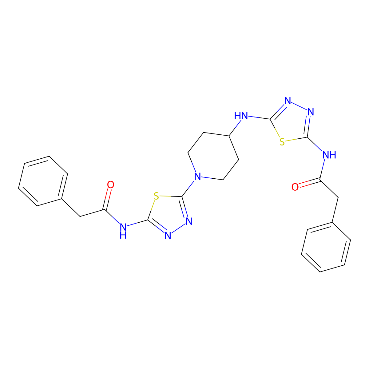 2-phenyl-N-(5-(4-((5-(2-phenylacetamido)-1,3,4-thiadiazol-2-yl)amino)piperidin-1-yl)-1,3,4-thiadiazol-2-yl)acetamide molecular structure, CAS 1890169-95-5
