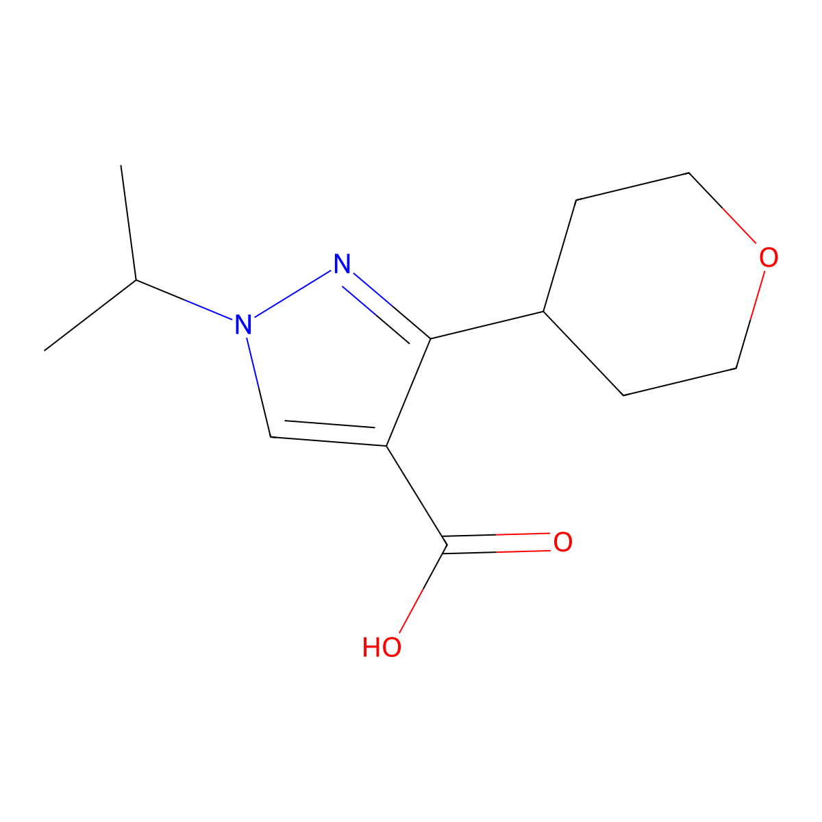 3-(Oxan-4-yl)-1-propan-2-ylpyrazole-4-carboxylic acid molecular structure, CAS 1890177-26-0