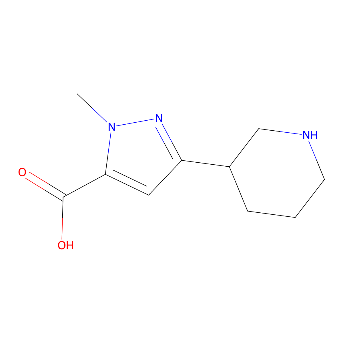 1-methyl-3-(piperidin-3-yl)-1H-pyrazole-5-carboxylic acid molecular structure, CAS 1890342-66-1