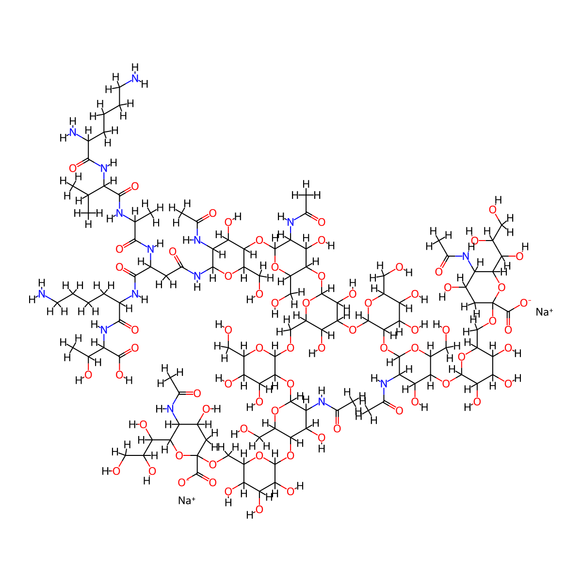 Disodium;5-acetamido-2-[[6-[5-acetamido-6-[2-[[6-[5-acetamido-6-[5-acetamido-6-[[4-[[6-amino-1-[(1-carboxy-2-hydroxypropyl)amino]-1-oxohexan-2-yl]amino]-3-[2-[[2-(2,6-diaminohexanoylamino)-3-methylbutanoyl]amino]propanoylamino]-4-oxobutanoyl]amino]-4-hydroxy-2-(hydroxymethyl)oxan-3-yl]oxy-4-hydroxy-2-(hydroxymethyl)oxan-3-yl]oxy-4-[3-[3-acetamido-5-[6-[[5-acetamido-2-carboxylato-4-hydroxy-6-(1,2,3-trihydroxypropyl)oxan-2-yl]oxymethyl]-3,4,5-trihydroxyoxan-2-yl]oxy-4-hydroxy-6-(hydroxymethyl)oxan-2-yl]oxy-4,5-dihydroxy-6-(hydroxymethyl)oxan-2-yl]oxy-3,5-dihydroxyoxan-2-yl]methoxy]-4,5-dihydroxy-6-(hydroxymethyl)oxan-3-yl]oxy-4-hydroxy-2-(hydroxymethyl)oxan-3-yl]oxy-3,4,5-trihydroxyoxan-2-yl]methoxy]-4-hydroxy-6-(1,2,3-trihydroxypropyl)oxane-2-carboxylate molecular structure, CAS 189035-43-6